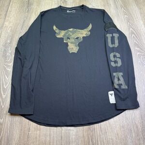 Under Armour Mens Black Project Rock Brahma Bull USA Flag Loose Fit Shirt Size L